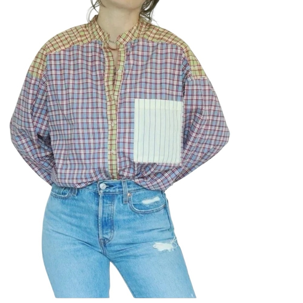 Urban Outfitters Shirt Bailey Plaid Patchwork Button Down Top NEW Slouchy Loose